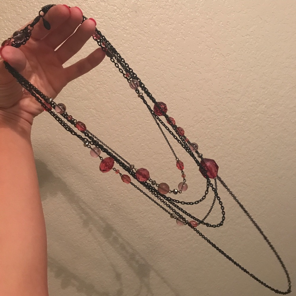 Black Multi-chain, Long, Layered Necklace w/ Pink Beads; from Express; like new!